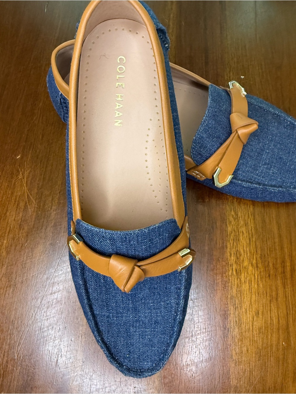 Cole Haan Blue Denim & Tan Leather Knot Loafers - Picture 3 of 7